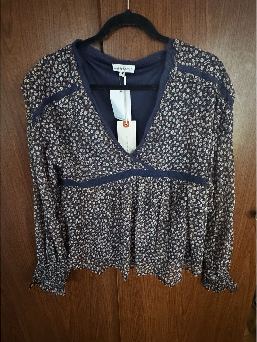 In Loom Women’s S Floral Blouse Cottagecore Boho Peplum Lace Navy N